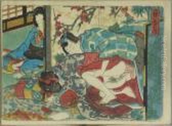 Kunisada, Utagawa Zugeschrieben.
 Prinz Genji Und Geliebte, Belauscht Von Einer Hofdame, Japan, Um 1845 Oil Painting by Kunisada