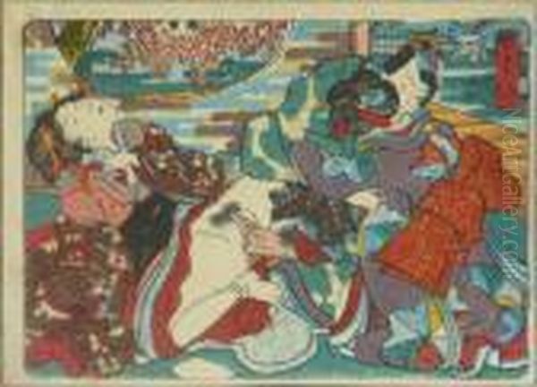 Kunisada, Utagawa Zugeschrieben. Prinz Genji Und Zwei Hofdamen, Japan, Um 1845 Oil Painting by Kunisada