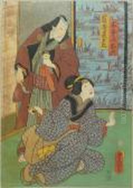 Kunisada, Utagawa. Kikuya Chobei Mit Tabakbeutel Und Pfeife Wartet Auf Oroku, Japan Oil Painting by Kunisada