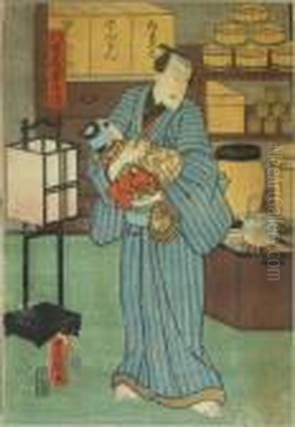 Kunisada, Utagawa. Yaoya Hanbei Wiegt Seinen Sohn, Japan Oil Painting by Kunisada