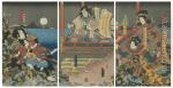 Triptych Depicting Kabuki Players Oil Painting by Kunisada