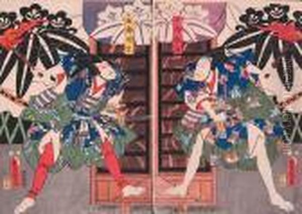 Walczacy Samuraje - Scena Z Teatru Kabuki Oil Painting by Kunisada