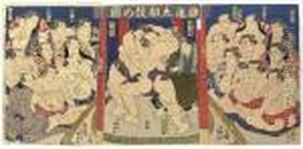 Temple Solicitation Sumo Oil Painting by Kunisada