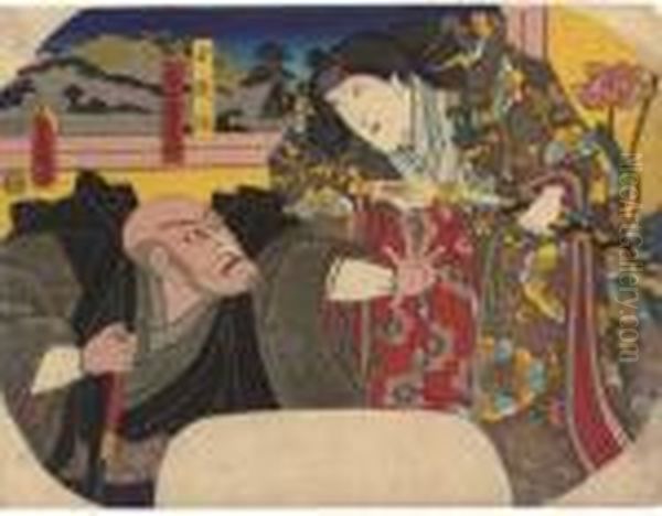 (uchiwa-e): Actors As Princess Tamaori And Priest Kumagai Renjo Oil Painting by Kunisada