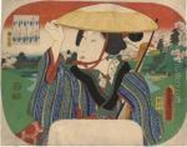 Portrait Of A Geisha Holding A Shamisen Oil Painting by Kunisada