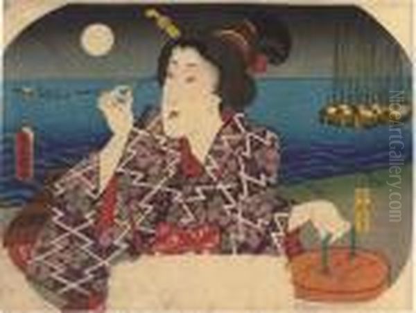 Portrait Of A Beauty Holding A Lantern Oil Painting by Kunisada