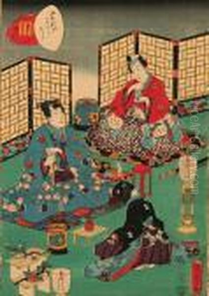 Murasaki Shikibu Genji- Karuta, 1857 R. Oil Painting by Kunisada