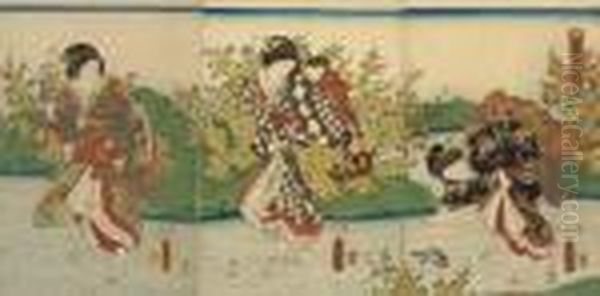 An Oban Triptych With Three 
Ladies Wading Through A Stream, One With A Child On Her Back, Another 
Bending To Pick Up Oil Painting by Kunisada