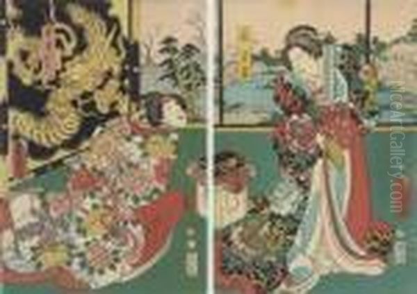 An Oban Diptych Oil Painting by Kunisada