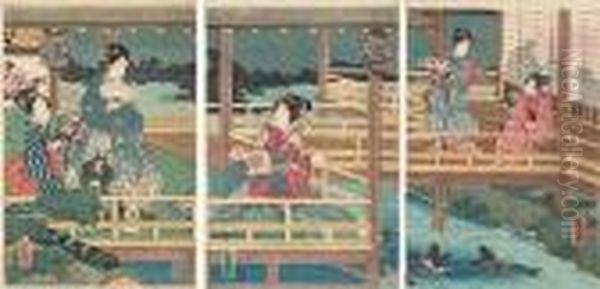 Triptych Of Women Watching Fish Oil Painting by Kunisada