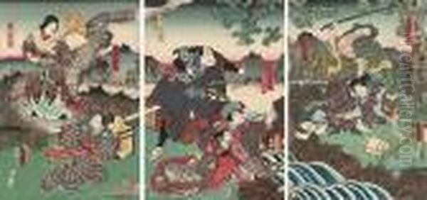 Three Triptychs Oil Painting by Kunisada