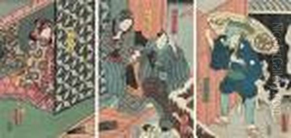 A Triptych Of Actors Oil Painting by Kunisada