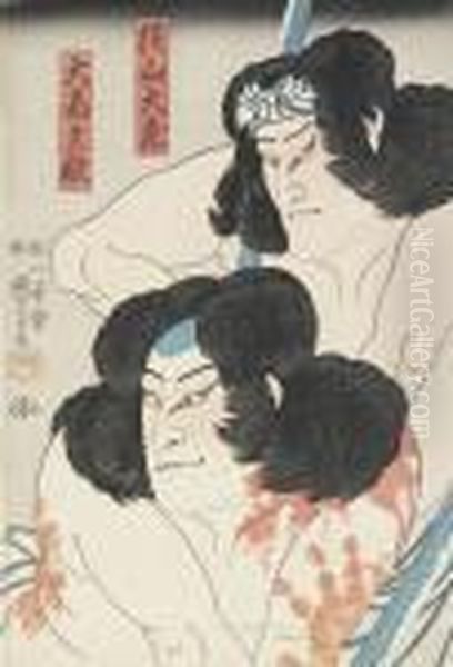 Three Prints Depicting Actors From The Play Takagi Oriemon Budojitsu Roku Oil Painting by Utagawa Kuniyoshi