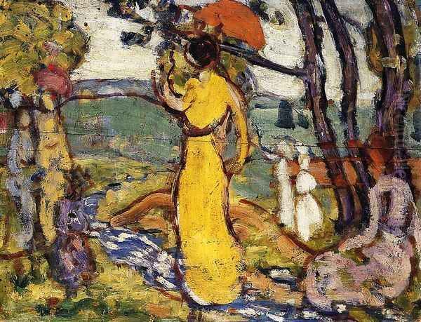 Lady In Yellow Dress In The Park Aka A Lady In Yellow In The Park Oil Painting by Maurice Brazil Prendergast