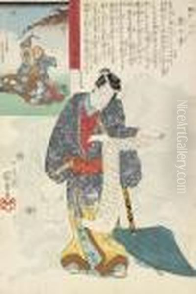 Bungo Akagari Daido Reading A Scroll Oil Painting by Utagawa Kuniyoshi