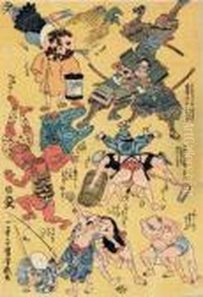 Four Woodcuts Oil Painting by Utagawa Kuniyoshi