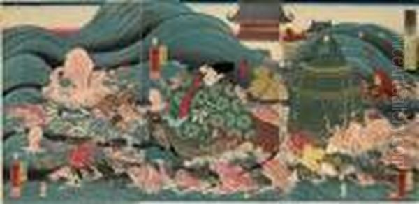 Ryugujo, Tawara No Tota Hidesato Ni Sanshu No Miyage Okuru Oil Painting by Utagawa Kuniyoshi