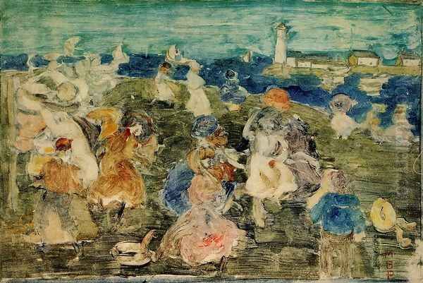 Beach Scene With Lighthouse Aka Children At The Seashore Oil Painting by Maurice Brazil Prendergast