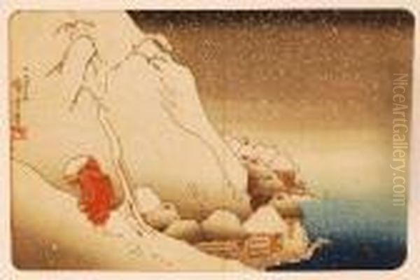 Priest Trudging Through Snow By A Coastal Village Oil Painting by Utagawa Kuniyoshi