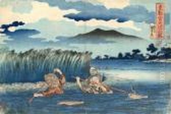 La Riviere Miyato Dans Le Capital De L'est, La Peche A L'anguille. Oil Painting by Utagawa Kuniyoshi