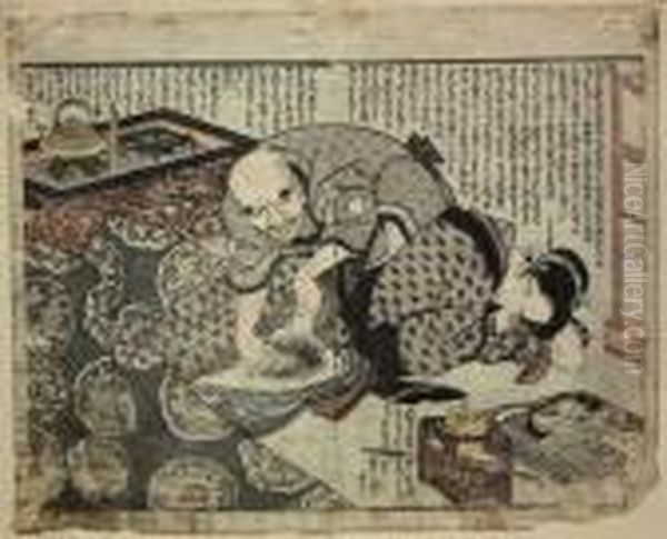 A Couple Engaging In Amorous Pursuits While Gazing At Ashunga Album Oil Painting by Utagawa Kuniyoshi