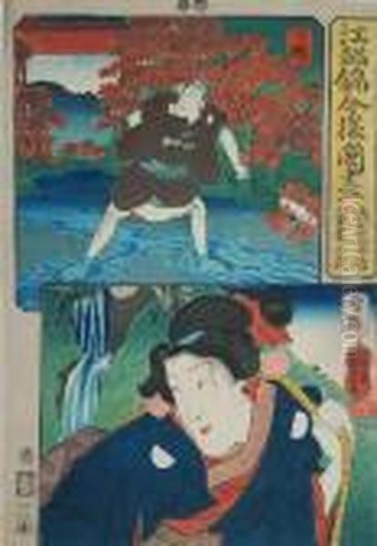 Prowincja Shimosa I Prowincja Hitachi - Sceny Z Teatru Kabuki Oil Painting by Utagawa Kuniyoshi