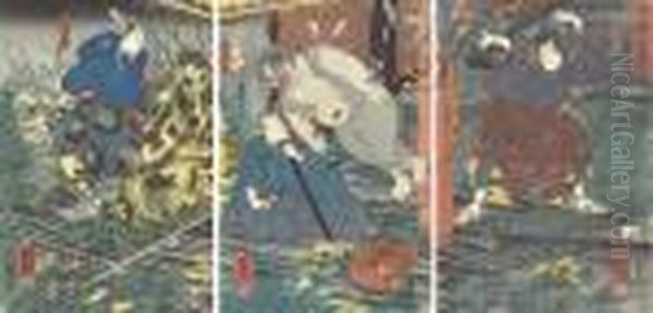 Oban Tate-e Triptych Oil Painting by Utagawa Kuniyoshi