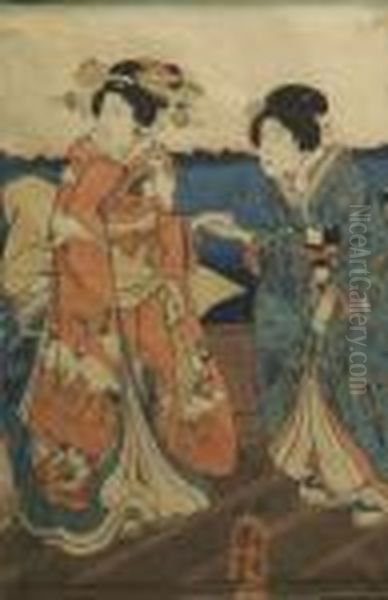 Two Ladies On A Bridge Oil Painting by Utagawa Kuniyoshi