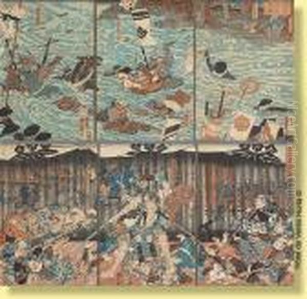 Combats Terrestres Oil Painting by Utagawa Kuniyoshi