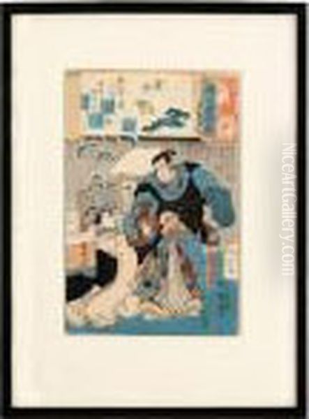 Samurai And Bijin Oil Painting by Utagawa Kuniyoshi