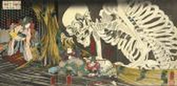 The Famous Triptych Showing 
Takiyasha Calling Up A Monstrous Skeleton Spectre To Frighten Mitsukuni,
 Published By Hachi(?), In Circa 1844, Signed Oil Painting by Utagawa Kuniyoshi