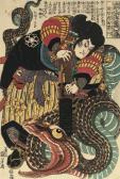 Ogata Shuma Hiroyuki (jiraya) Killing A Giant Snake, From The Series Oil Painting by Utagawa Kuniyoshi