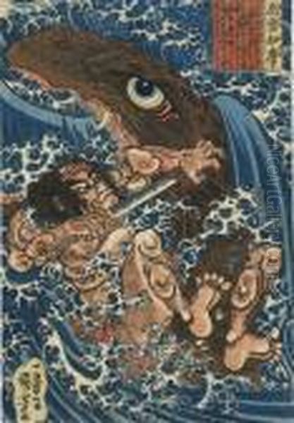 Izumo No Imaro Killing The Giant Shark Which Had Eaten His Daughter, Signed Oil Painting by Utagawa Kuniyoshi