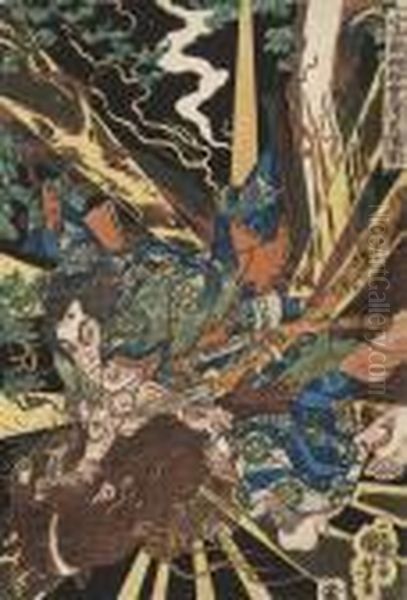 Koshibe No Sugaru Amidst Flashes Of Lightning Captures Alive A Oil Painting by Utagawa Kuniyoshi