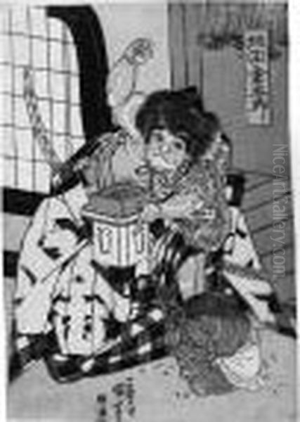 . Der Knabe Kintaro In 
Zeremoniellem Gewand Vertreibt Einen Zusammengerollten Teufel Mit Bohnen
 Zum Neuen Jahr. Bez.: Ichiyusai Kuniyoshi Ga. Verlag: Izumiya Ichibei. 
Zensur: Oil Painting by Utagawa Kuniyoshi