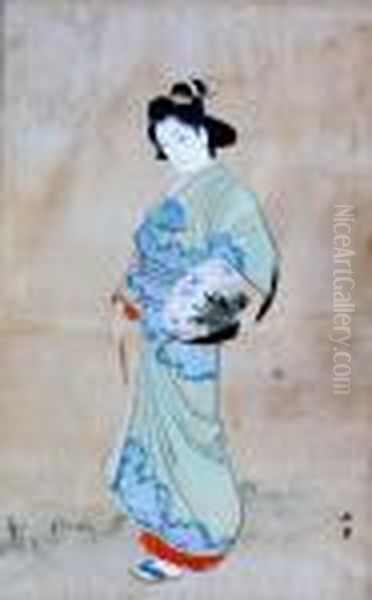 Samurai (together With A Print Of A Lady) Oil Painting by Utagawa Kuniyoshi