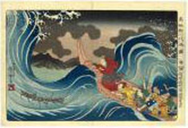 ````sashu Ryukei Kakuda Nami 
Daimoku' (in The Waves At Kakuda On The Way To Sado Island) From The 
Series ````koso Goichidai Ryakuzu' (a Short Pictorial Biography Of The 
Founder Of The Nichiren Sect) Oil Painting by Utagawa Kuniyoshi