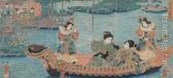 Royal Barge Near A Tea Room Oil Painting by Utagawa Kuniyoshi