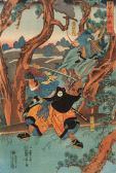 Legendarny Bohater Z Uniesionym Mieczem Japonia, Ok. 1840 R. Oil Painting by Utagawa Kuniyoshi