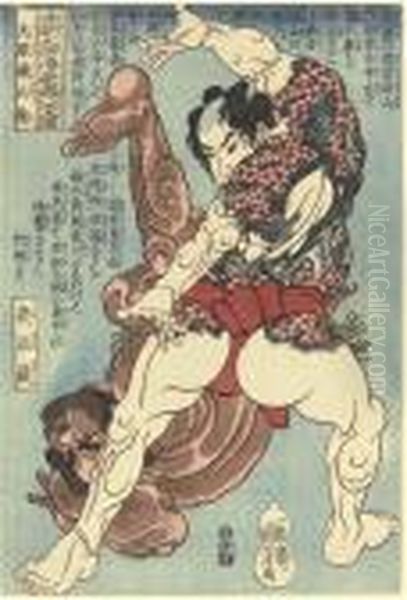 Tengen Isobyoe (tengen Isobyoe Throwing Yasha Arashi In A Wrestling Bout) Oil Painting by Utagawa Kuniyoshi