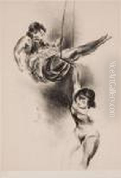 Two Acrobats Lithograph Oil Painting by Yasuo Kuniyoshi