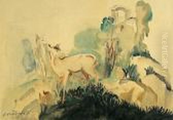 Deer In A Landscape Oil Painting by Yasuo Kuniyoshi