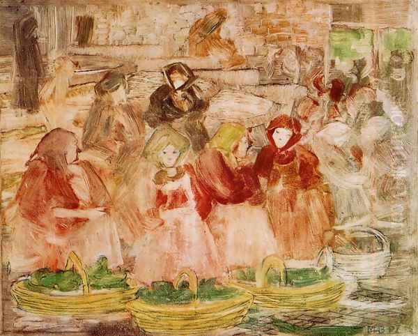 Market Scene Oil Painting by Maurice Brazil Prendergast