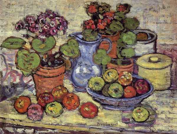 Cinerarias And Fruit Oil Painting by Maurice Brazil Prendergast