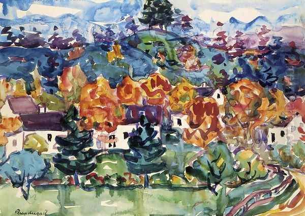 Hillside Village Oil Painting by Maurice Brazil Prendergast