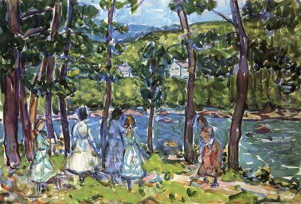 Girls On The Riverbank Oil Painting by Maurice Brazil Prendergast