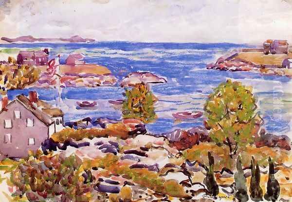 House With Flag In The Cove Oil Painting by Maurice Brazil Prendergast