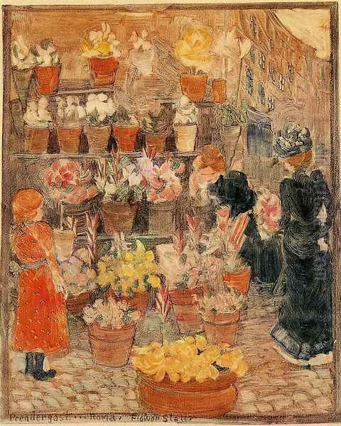 Roma Flower Stall Aka Flower Stall Or Roman Flower Stall Oil Painting by Maurice Brazil Prendergast