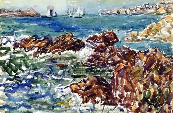 Rocky Cove With Village Oil Painting by Maurice Brazil Prendergast