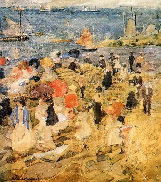 Early Beach Oil Painting by Maurice Brazil Prendergast